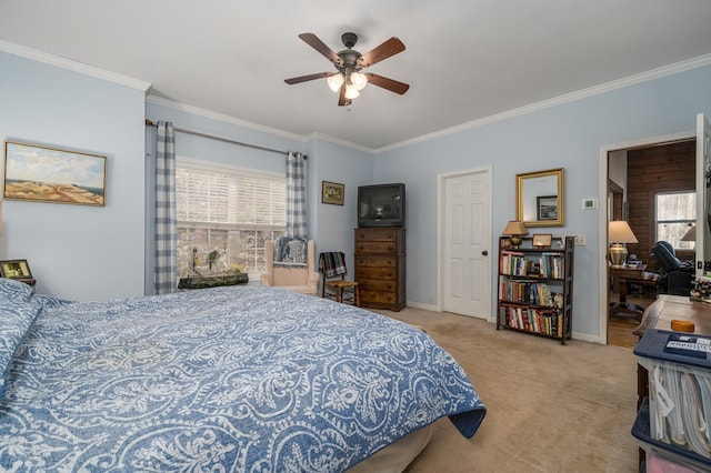 bedroom featuring light carpet, crown molding, and ceiling fan