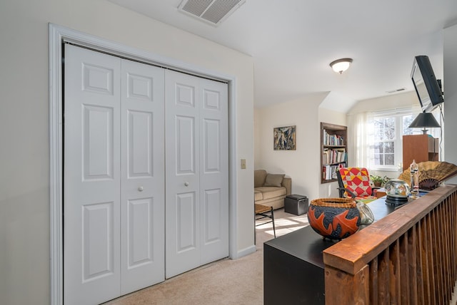 office space with light colored carpet