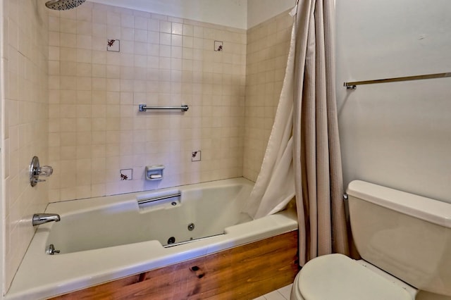 bathroom with shower / bath combination with curtain and toilet