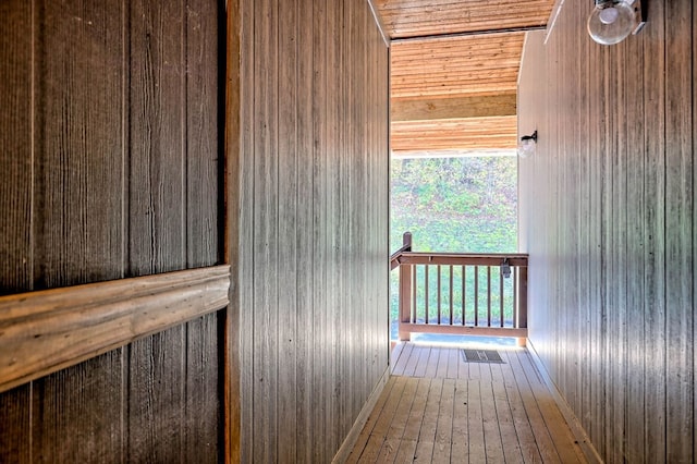 interior space with wooden ceiling and wooden walls