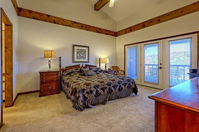 bedroom featuring ceiling fan, access to exterior, vaulted ceiling with beams, light carpet, and french doors