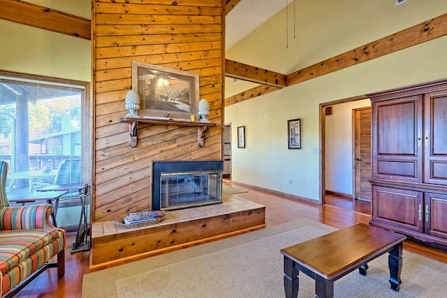 living room with hardwood / wood-style flooring and a multi sided fireplace