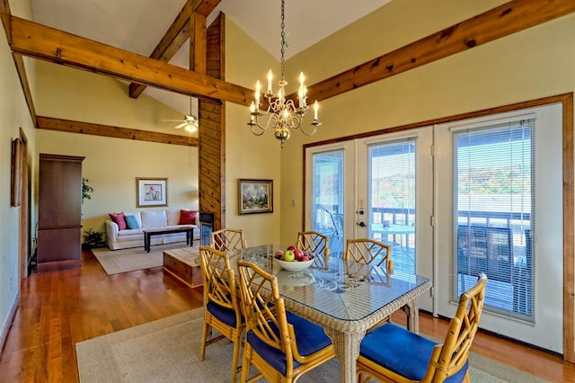 dining room with beam ceiling, high vaulted ceiling, a chandelier, and dark hardwood / wood-style flooring