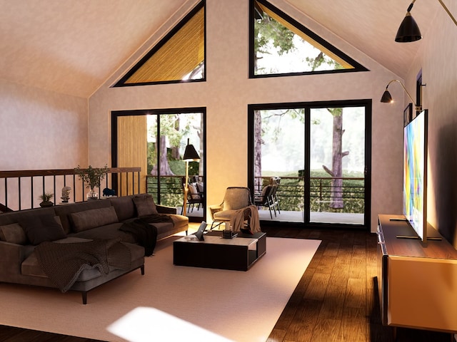 living room featuring high vaulted ceiling, plenty of natural light, and dark wood-type flooring