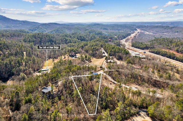 drone / aerial view featuring a mountain view and a view of trees