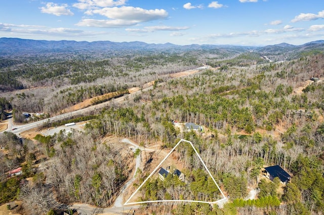 birds eye view of property with a mountain view and a forest view