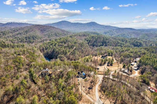 birds eye view of property with a mountain view and a wooded view