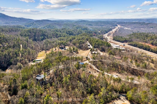 birds eye view of property featuring a forest view and a mountain view