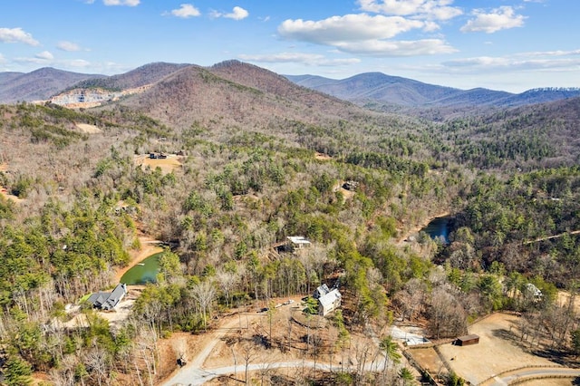 aerial view featuring a mountain view and a view of trees