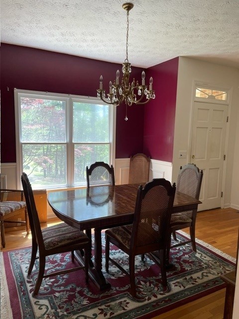 629 Camp Branch Rd, Ellijay, GA 30540 - dining area featuring a wainscoted wall, plenty of natural light, a textured ceiling, light wood-type flooring, and a chandelier
