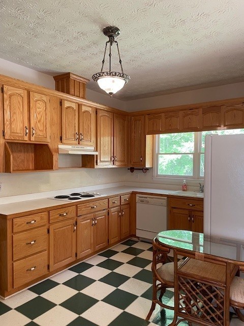 629 Camp Branch Rd, Ellijay, GA 30540 - kitchen featuring white appliances, light flooring, under cabinet range hood, light countertops, and a textured ceiling