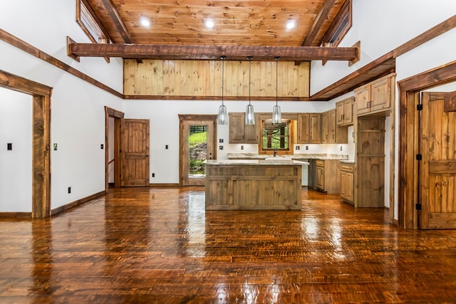 kitchen featuring high vaulted ceiling, dark hardwood / wood-style floors, wood ceiling, and decorative light fixtures