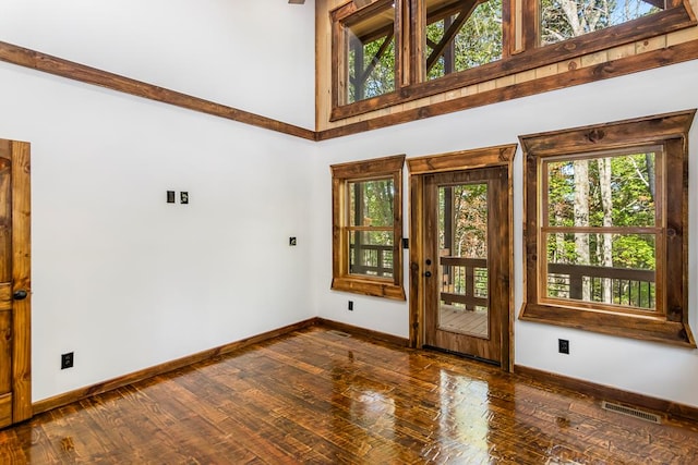 empty room featuring a towering ceiling, dark hardwood / wood-style flooring, and a healthy amount of sunlight