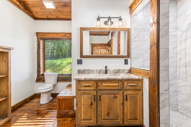 bathroom with walk in shower, wood ceiling, vanity, wood-type flooring, and toilet