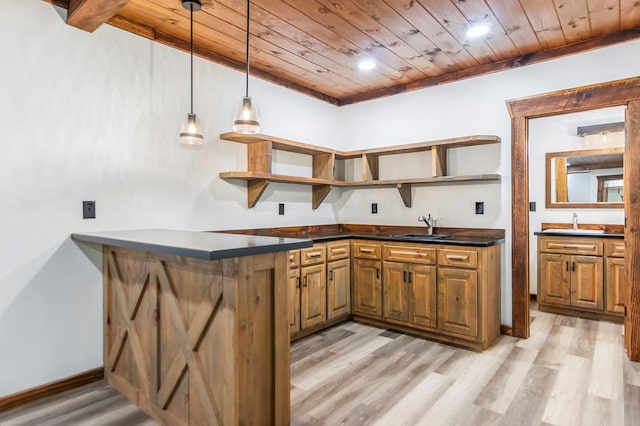 kitchen with kitchen peninsula, sink, wooden ceiling, light hardwood / wood-style floors, and hanging light fixtures