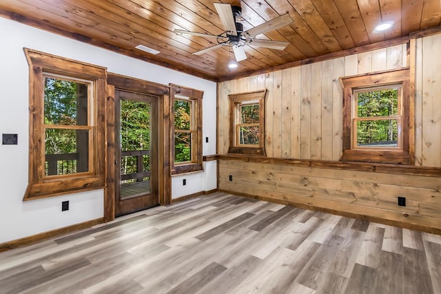 interior space featuring wood walls, ceiling fan, wooden ceiling, and light hardwood / wood-style floors