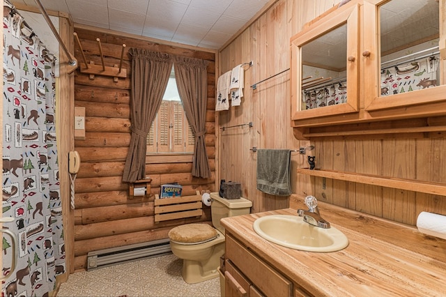 bathroom featuring vanity, a baseboard radiator, log walls, and toilet