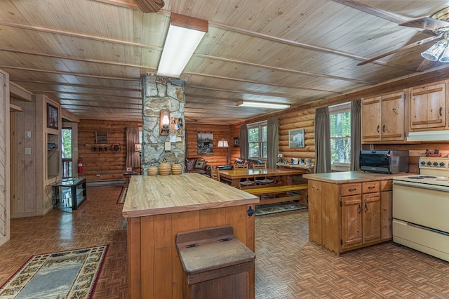 kitchen with ceiling fan, wood counters, electric stove, a peninsula, and log walls