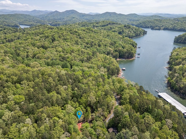 drone / aerial view featuring a water and mountain view and a wooded view