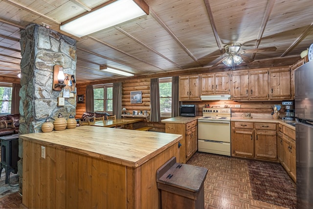 kitchen with wooden counters, ceiling fan, wood ceiling, under cabinet range hood, and white range with electric stovetop