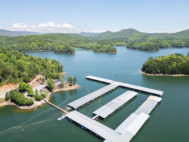 drone / aerial view featuring a water and mountain view and a wooded view