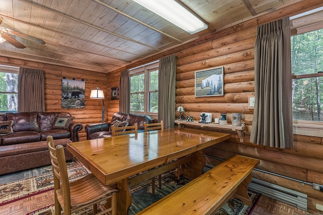 dining area with a ceiling fan, wood ceiling, and a healthy amount of sunlight