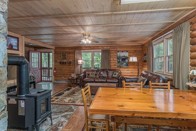 dining space with a wood stove, log walls, and wooden ceiling