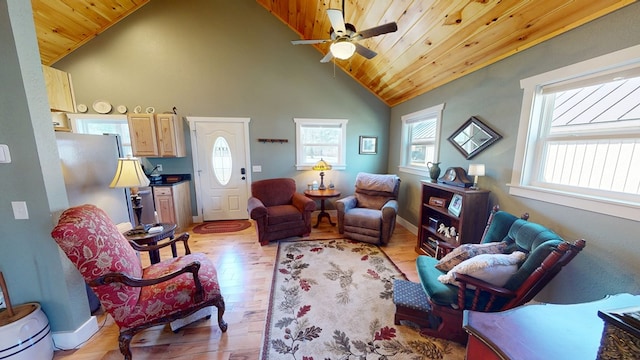 living room with a ceiling fan, light wood-style flooring, high vaulted ceiling, and wood ceiling