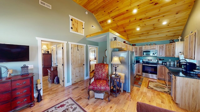 kitchen featuring wooden ceiling, stainless steel appliances, visible vents, and light wood-style floors