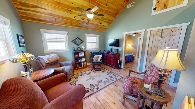 living area with lofted ceiling, wood ceiling, a ceiling fan, and visible vents