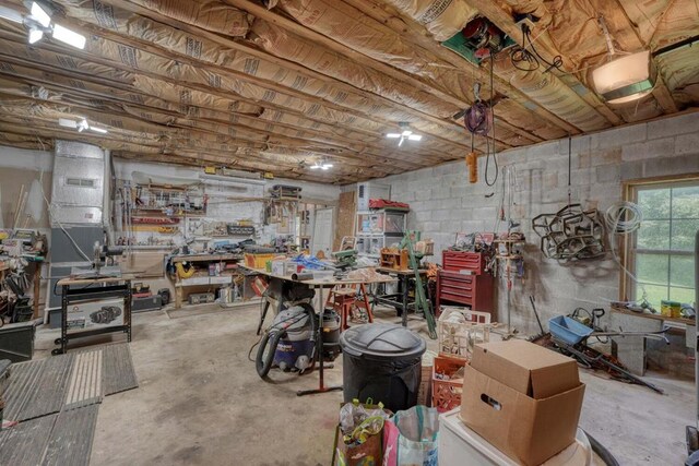 basement with a workshop area