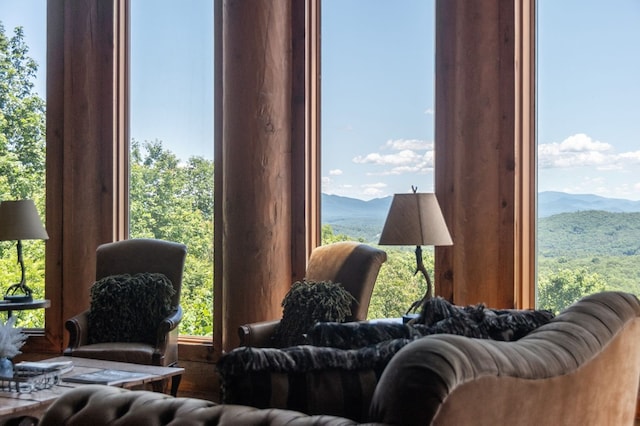 living room featuring a mountain view and a wealth of natural light