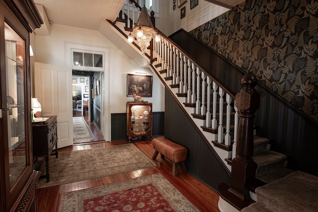 477 W First St, Blue Ridge, GA 30513 - foyer entrance with stairway, wood-type flooring, and wainscoting
