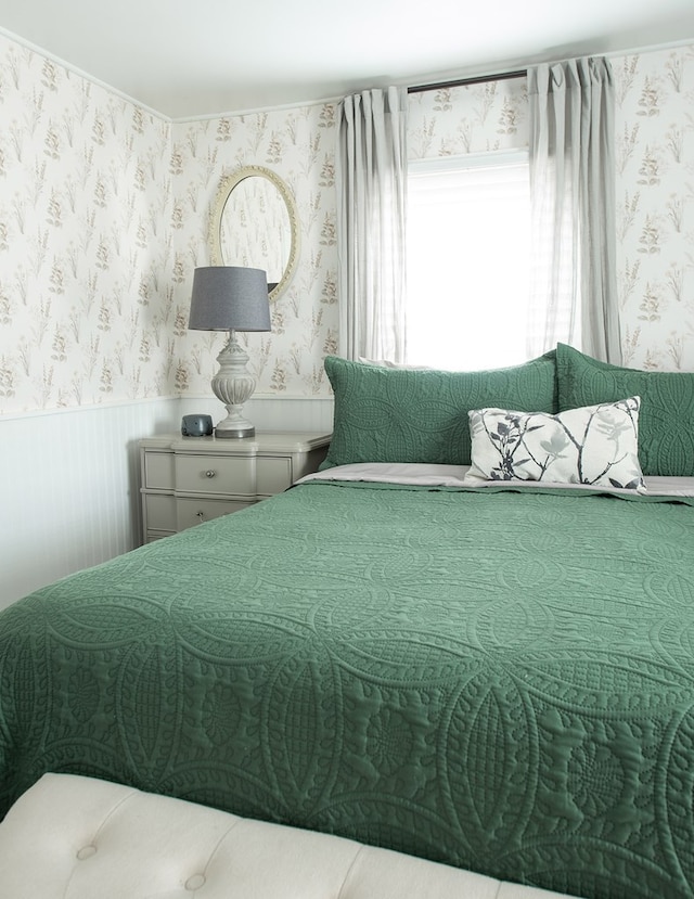 477 W First St, Blue Ridge, GA 30513 - bedroom with wallpapered walls and a wainscoted wall