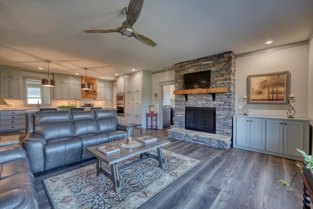 living room with sink, a stone fireplace, dark wood-type flooring, and ceiling fan