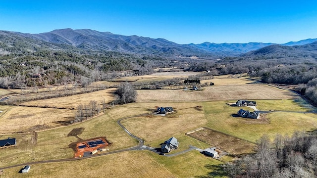 birds eye view of property featuring a mountain view and a rural view