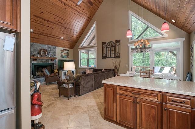 249 Whispering Pine Trl, Murphy, NC 28906 - kitchen featuring wood ceiling, high vaulted ceiling, freestanding refrigerator, light countertops, and a chandelier