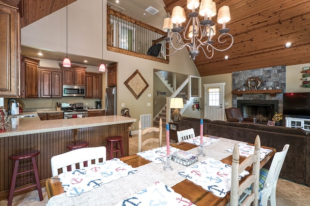 249 Whispering Pine Trl, Murphy, NC 28906 - dining room with high vaulted ceiling, stairs, a chandelier, wood ceiling, and recessed lighting