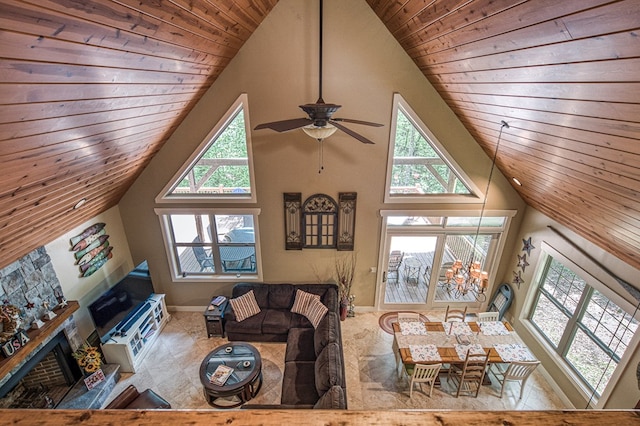 249 Whispering Pine Trl, Murphy, NC 28906 - living room featuring wood ceiling, high vaulted ceiling, ceiling fan, baseboards, and a fireplace with raised hearth