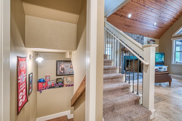 249 Whispering Pine Trl, Murphy, NC 28906 - stairs featuring baseboards, wood ceiling, and vaulted ceiling