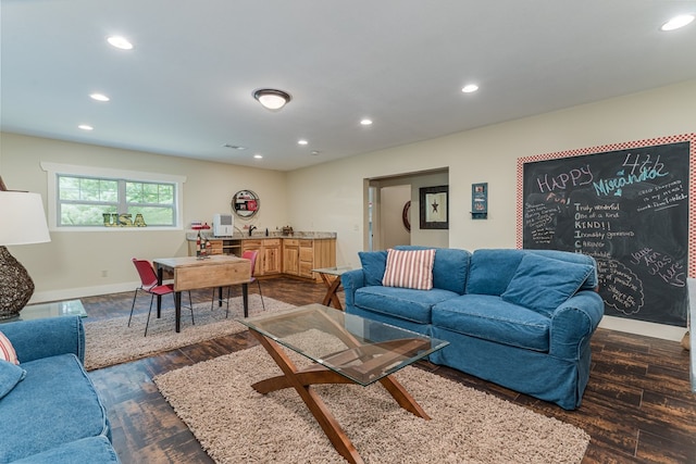 249 Whispering Pine Trl, Murphy, NC 28906 - living area featuring recessed lighting, dark wood-style flooring, baseboards, and bar