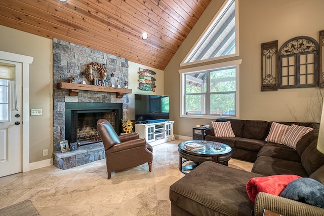 249 Whispering Pine Trl, Murphy, NC 28906 - living room with a fireplace, wood ceiling, high vaulted ceiling, and baseboards