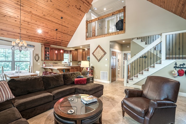 249 Whispering Pine Trl, Murphy, NC 28906 - living area featuring high vaulted ceiling, wooden ceiling, a chandelier, baseboards, and stairway