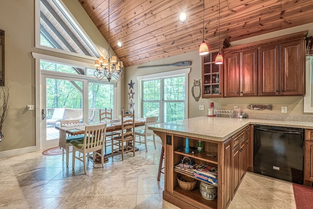 249 Whispering Pine Trl, Murphy, NC 28906 - kitchen with dishwasher, open shelves, vaulted ceiling, healthy amount of natural light, and a peninsula
