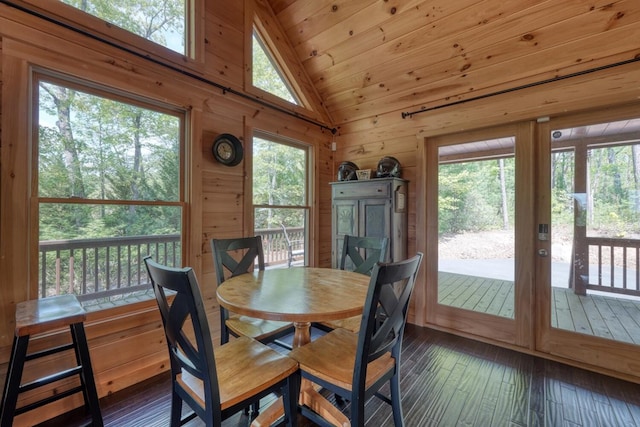 dining space featuring wooden walls, wood-type flooring, wood ceiling, and lofted ceiling