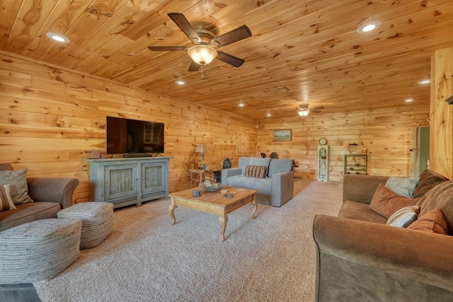 living room featuring a ceiling fan, light colored carpet, recessed lighting, and wooden ceiling