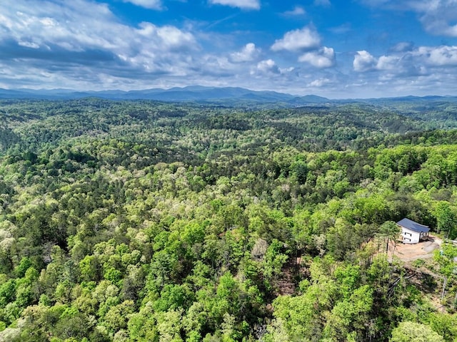 drone / aerial view featuring a view of trees and a mountain view