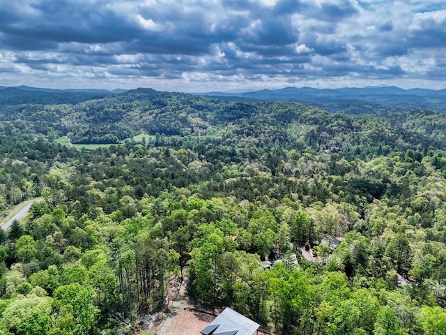 drone / aerial view with a mountain view and a wooded view