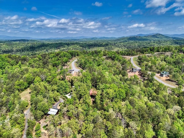 birds eye view of property featuring a view of trees and a mountain view