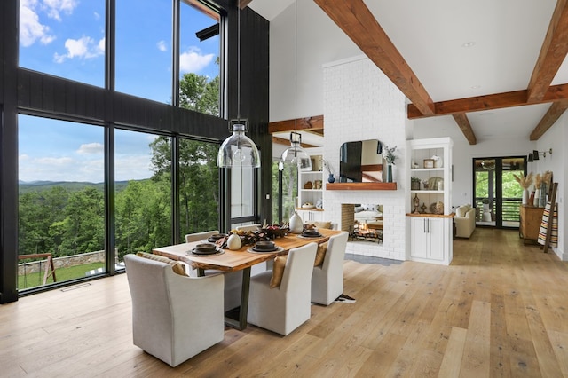 dining space featuring light wood-type flooring, a fireplace, and a healthy amount of sunlight